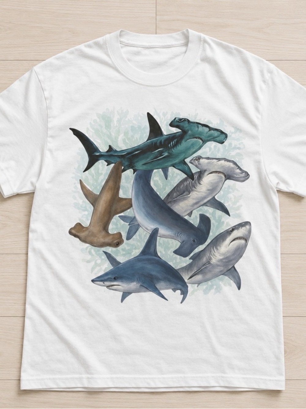 Gildan White Tee with Multi-Shark Graphic in Blue, Gray, Tan, Teal